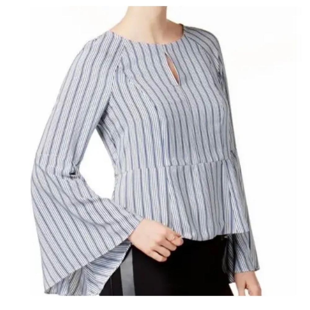 Bar III Womens White + Blue Striped Bell Sleeve Top